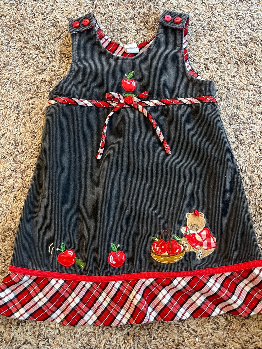 Teddy bear and apples plaid gray jumper